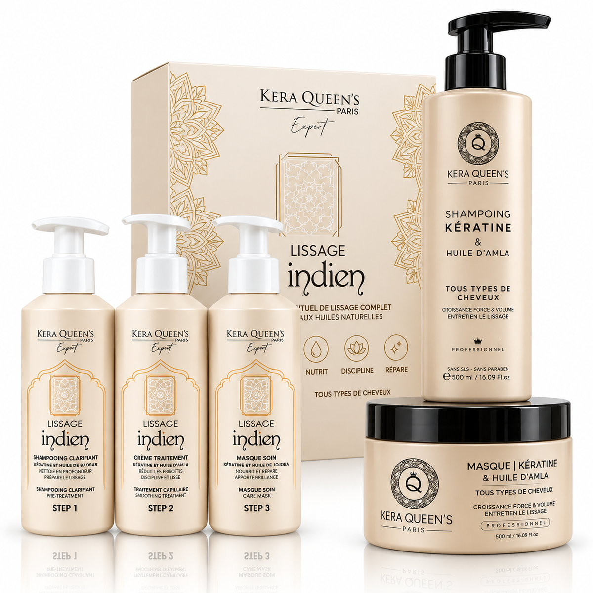 Coffret Lissage Complet Kera Queen's Paris Lissage Indien + Shampoing & Masque Kératine Amla — Croissance, Force & Volume Tous Types de Cheveux