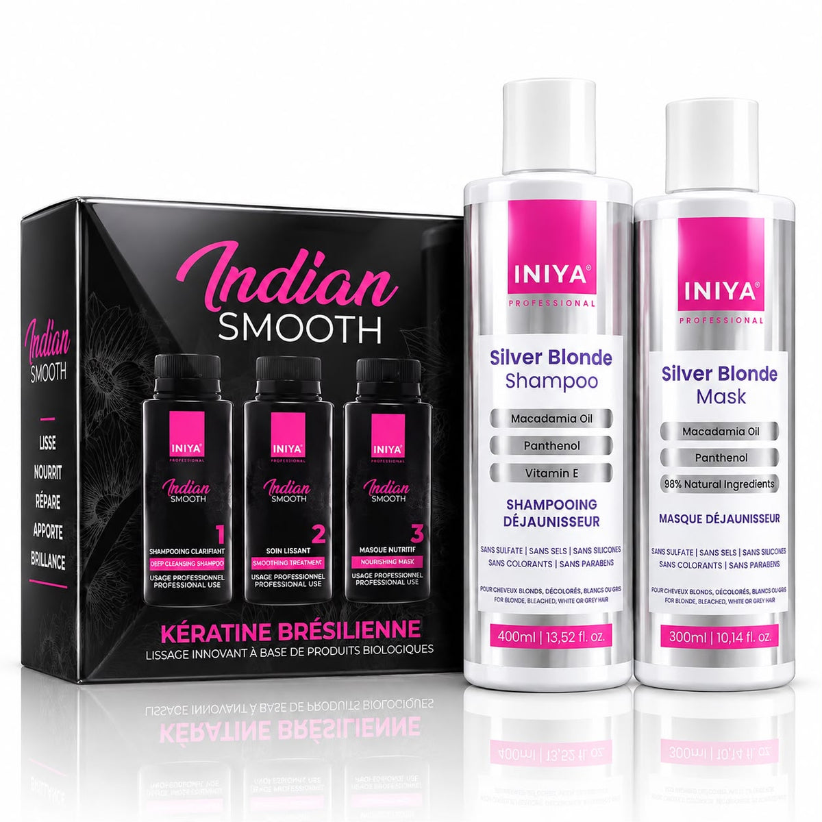 Coffret Lissage Complet Iniya Indian Smooth + Silver Blonde — Déjaunisseur Cheveux Blancs, Blonds & Décolorés